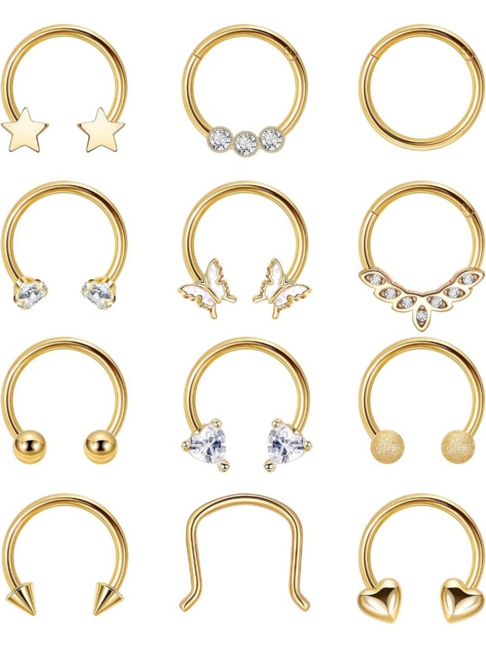 12Pcs 16G Surgical Steel Septum Rings - Hoops with CZ Heart, Star & Butterfly